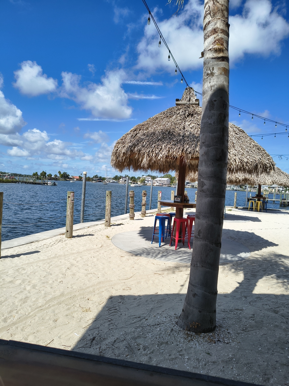 Tiki Palapa Beach Umbrella with Colorful Bar Stools - Natural Straw